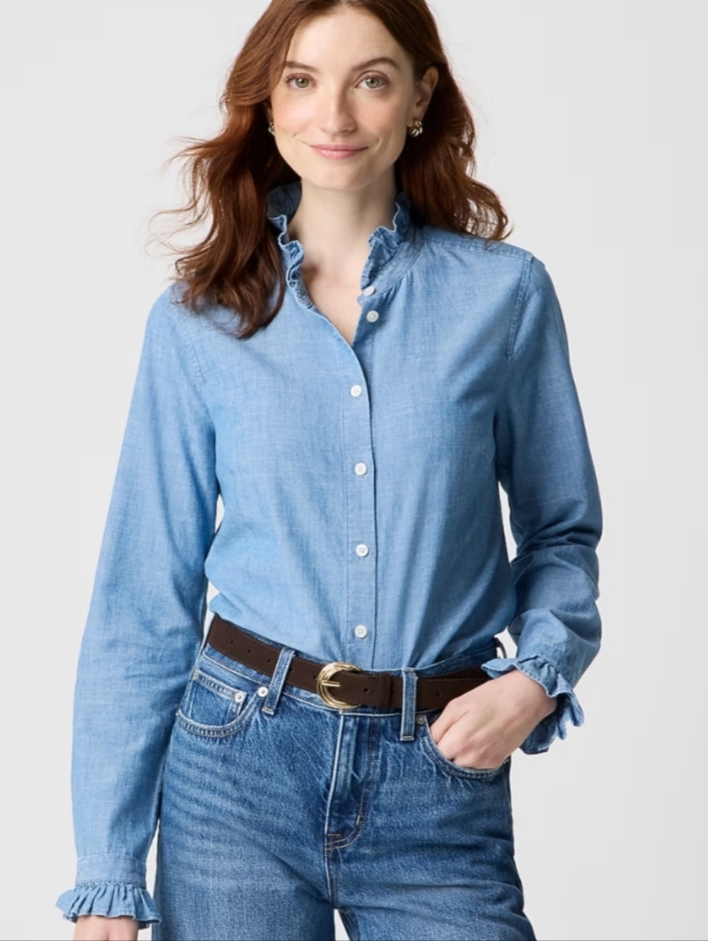 J. Crew Ruffle Chambray Button Down Shirt Large